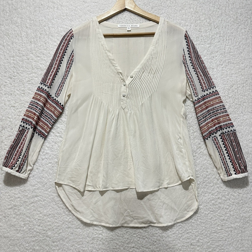 Veronica Beard Ivory Red Folk Embroidery Bohemian Crop Top Blouse Women's Size 4